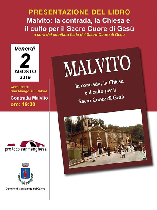 La locandina annuncia la presentazione del libro «Malvito - La contrada, la Chiesa e il Culto per il Sacro Cuore di Gesù»
